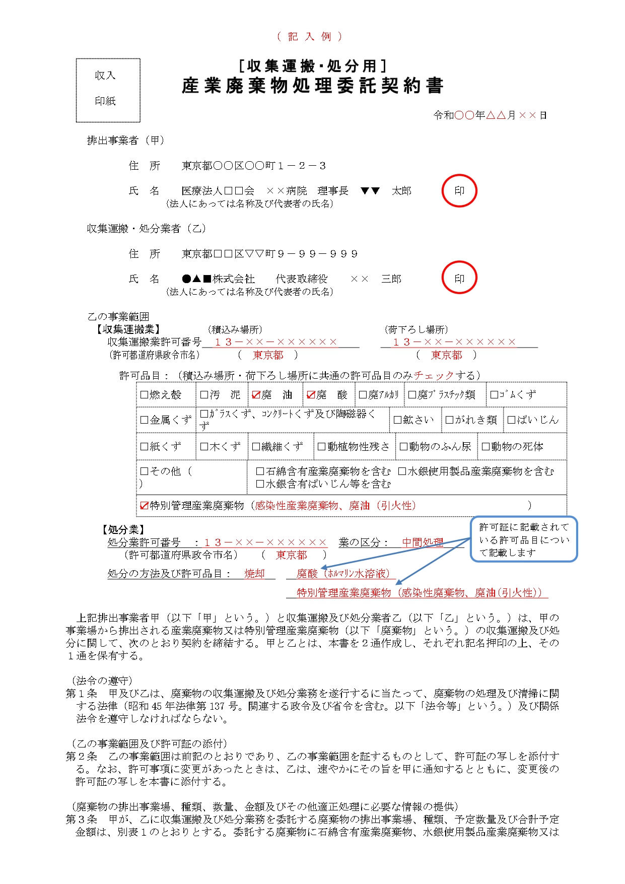 産業廃棄物処理委託契約書の記入例